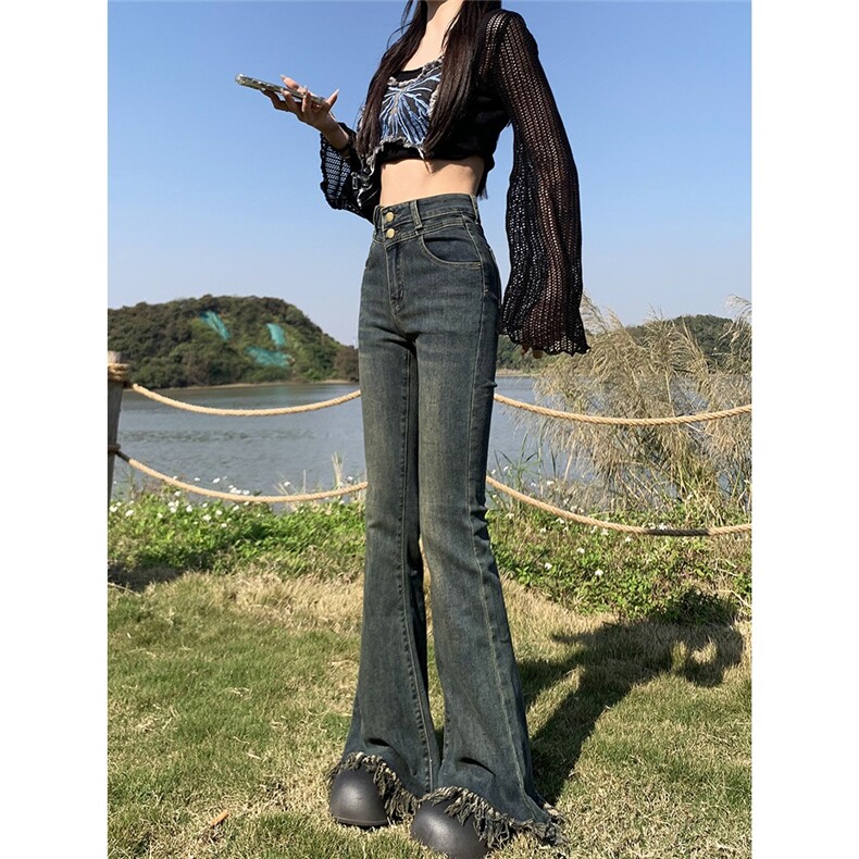 高腰微喇叭牛仔裤女2025年夏季新款美式复古设计感毛边弹力喇叭裤,男装牛仔裤,星座1210-1