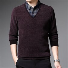 Z2657男士2023年冬新款长袖翻领加绒针织衫假两件休闲打底衫P82,男装针织衫/毛衣,电商B360