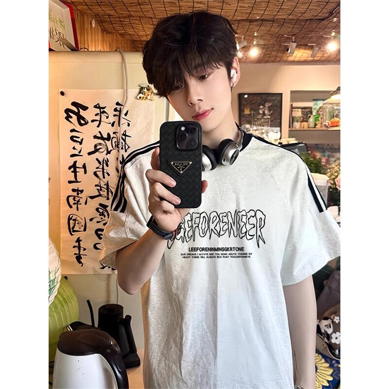 夏季美式高街重磅纯棉三条杠织带撞色男女短袖T恤ZD649-特P30图片