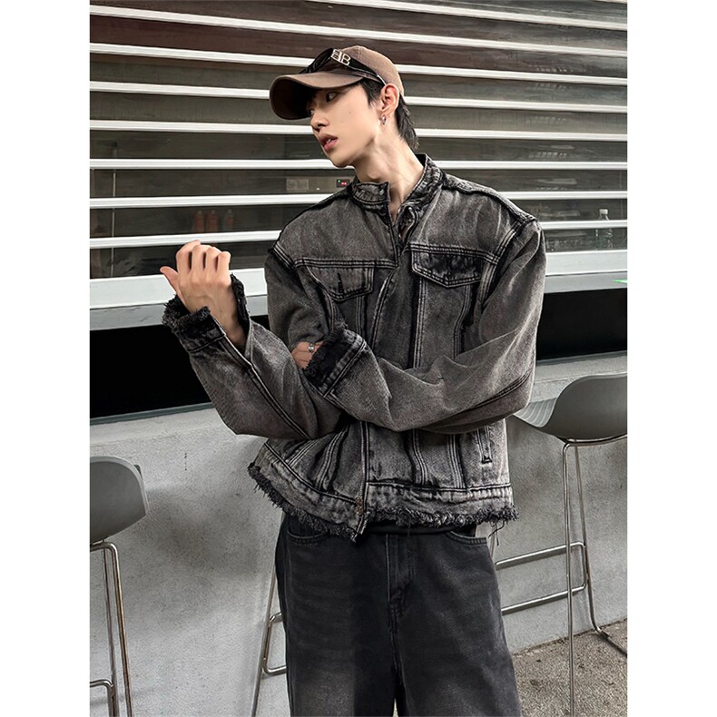 【自家图】美式毛边牛仔外套欧美街头垫肩复古短款夹克NT536P125，男装工装外套，星座301D-2(原星座1004-1）