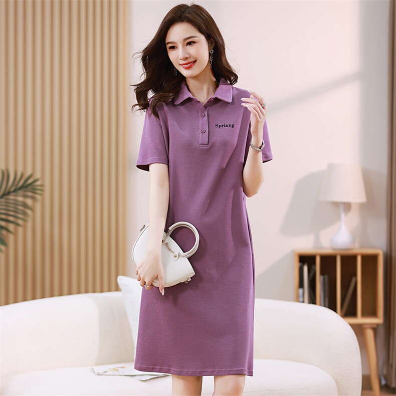 休闲风T恤裙子女2025夏装新款宽松显瘦套头中长款百搭polo连衣裙，女装连衣裙，伊满意
