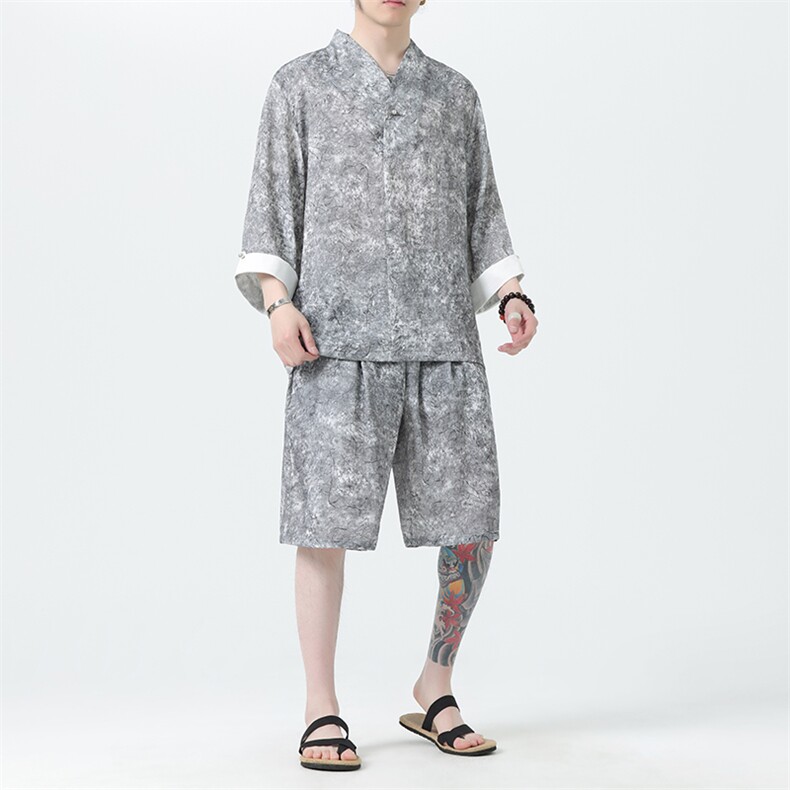 2025夏季新款男装新中式风肌理感休闲套装短袖+短裤A97-P95,男装休闲套装,电商B277(原6028)