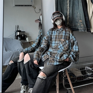 衬衫男秋季新款港风大码宽松磨毛格长袖衬衣CS618-P38(现货）图片