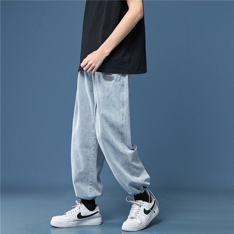 FK05-P50纯色简约休闲牛仔裤百搭松紧腰贴标装饰男生牛仔裤长裤，男装牛仔裤，星座1408-1