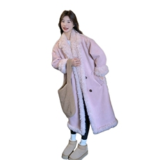 独特超好看粉色皮毛一体羊羔毛大衣女2024新款加绒加厚派克服外套，女装皮草，2C115