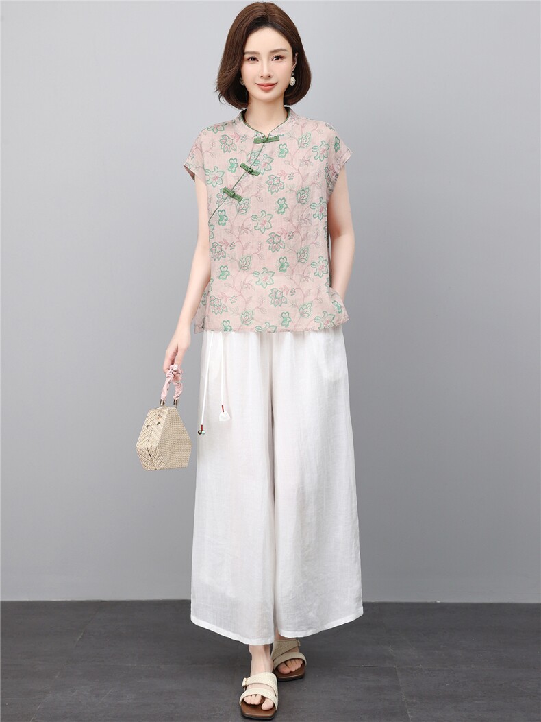 时尚夏季薄款2026新款苎麻大方得体低圆领刺绣优雅范上衣,女装套装/套裙,江忆布依