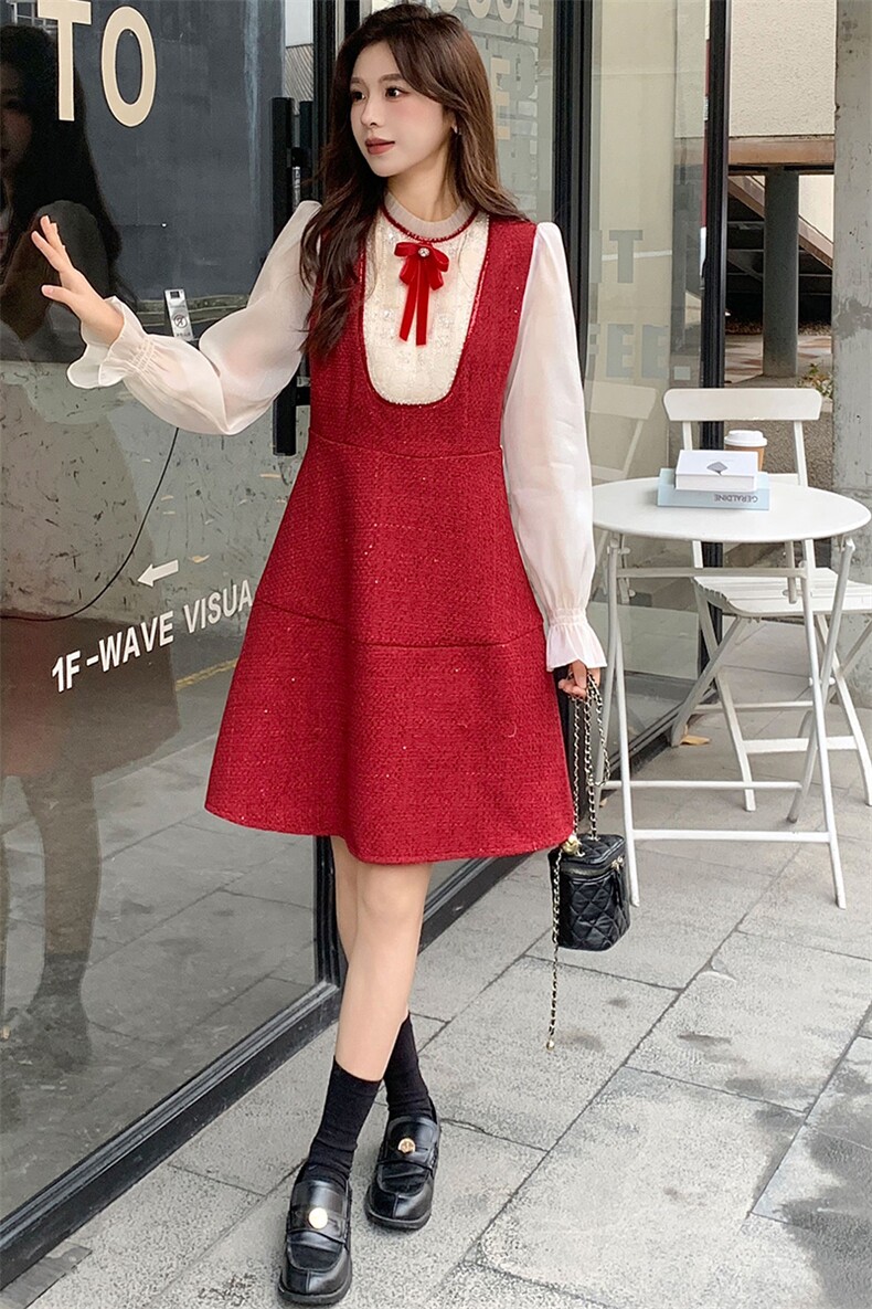 夕昕长袖连衣裙女中长款气质2024春秋新款法式假两件毛呢裙子,女装连衣裙,超帛