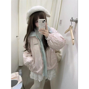 学院风撞色polo领双面穿棉服女冬季新款拼接格纹百搭保暖棉衣外套图片