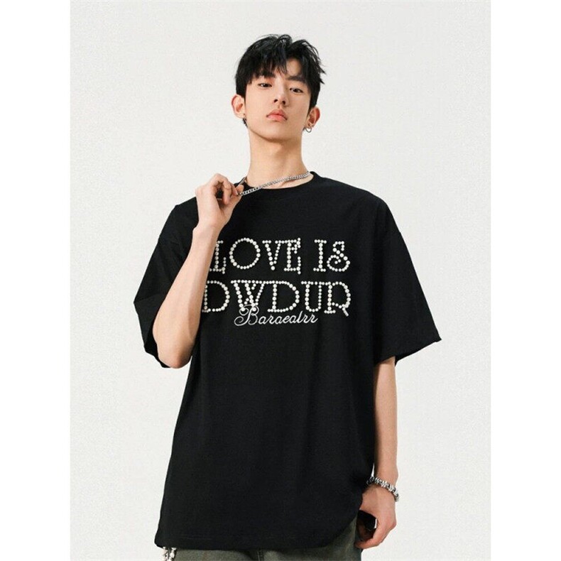 706-T6221-P48现货260克重磅夏季LOVE立体珍珠字母标语短袖T恤,男装T恤,星座706