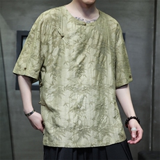 2025夏季新款风男汉服盘扣新中式唐装天丝竹叶衬衫C131-P75，男装衬衫，电商B277(原6028)