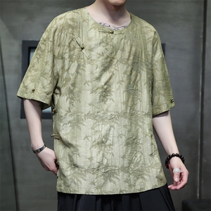 2025夏季新款风男汉服盘扣新中式唐装天丝竹叶衬衫 C131-P75图片
