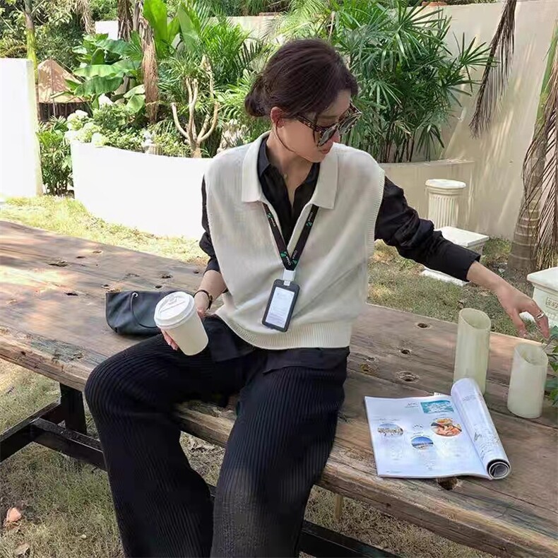 百搭条纹POLO领马甲女款针织背心外套春秋新款显瘦宽松上衣,女装马甲,悦玛羊绒