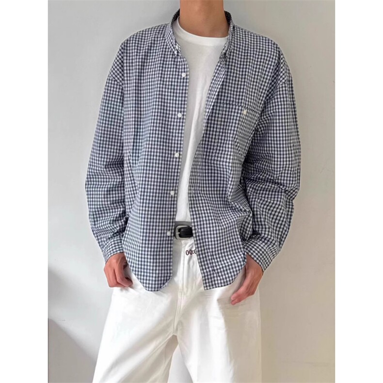 日系复古格子通勤宽松衬衫男情侣上衣衬衣513ACS2538P47,男装衬衫,星座513A