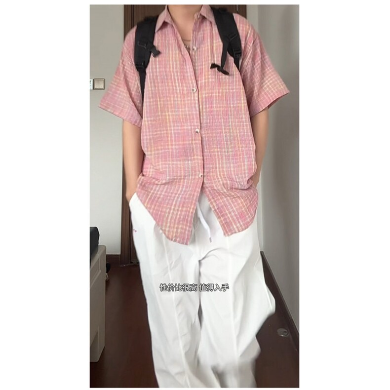 现货CS21-特P32夏季薄款男女宽松格子短袖衬衫半袖寸衣外套,男装T恤,电商B327