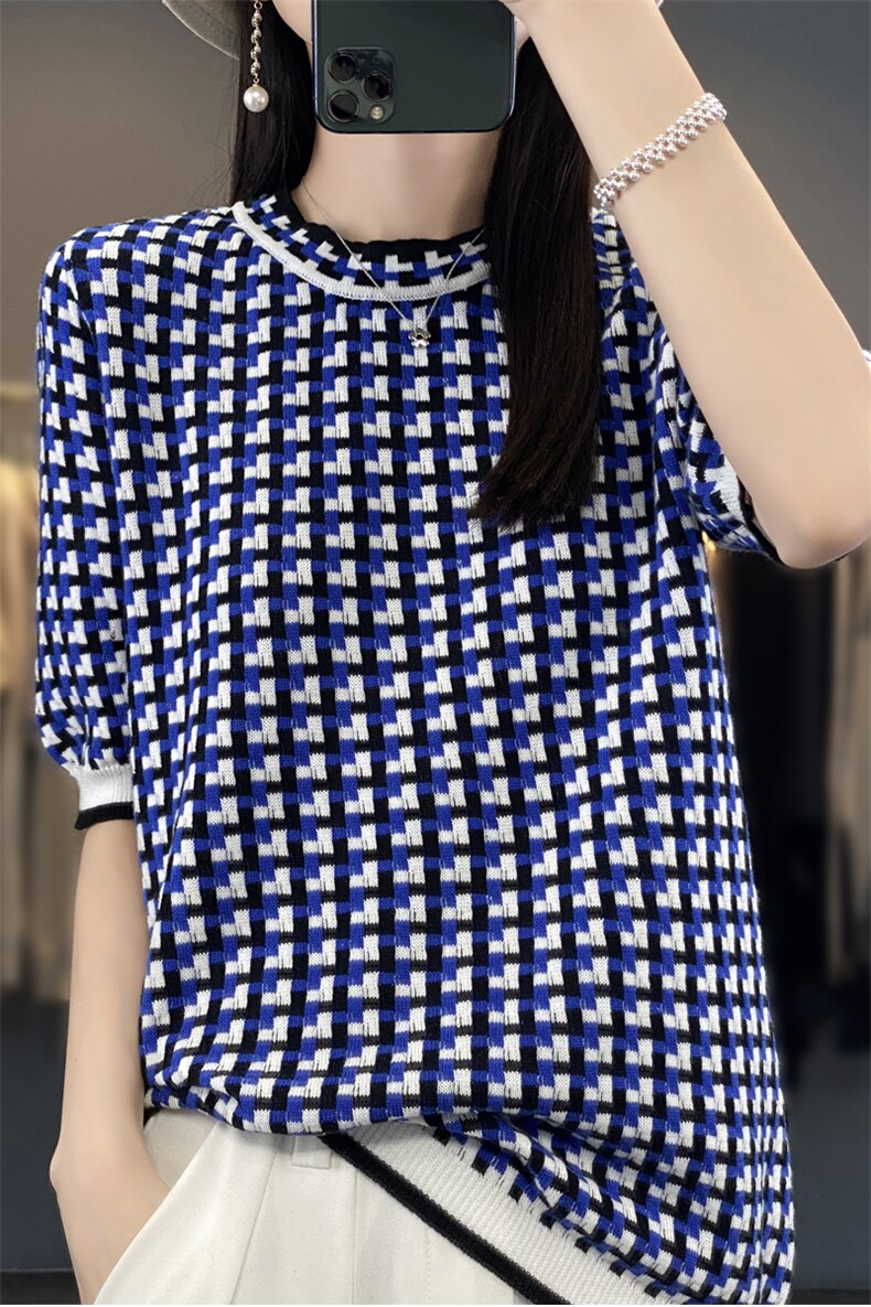 法式设计感条纹格提花短袖T恤衫女2025夏撞色打底衫纯棉针织上衣,针织衫/毛衣,唯若美羊绒