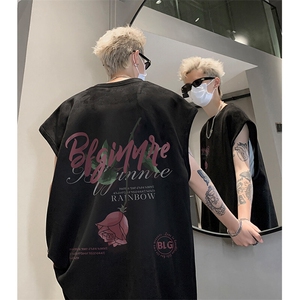 玫瑰印花麂皮绒背心男款夏季美式潮牌坎肩无袖t恤粉色高级感汗衫图片