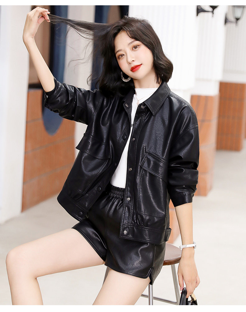 春秋季皮衣外套女单排扣胖mm新款2022年宽松大码时尚翻领皮夹克详情7