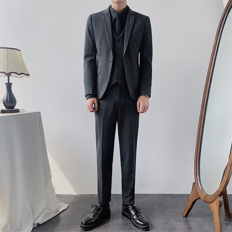 男士竖条纹西服套装韩版修身西装三件套英伦潮流新郎结婚礼服，男装休闲套装，星座1012