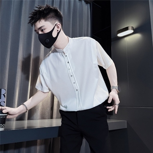 立领衬衫男短袖宽松肩膀拼接设计半袖社会小伙301C-CS15-P58控78图片