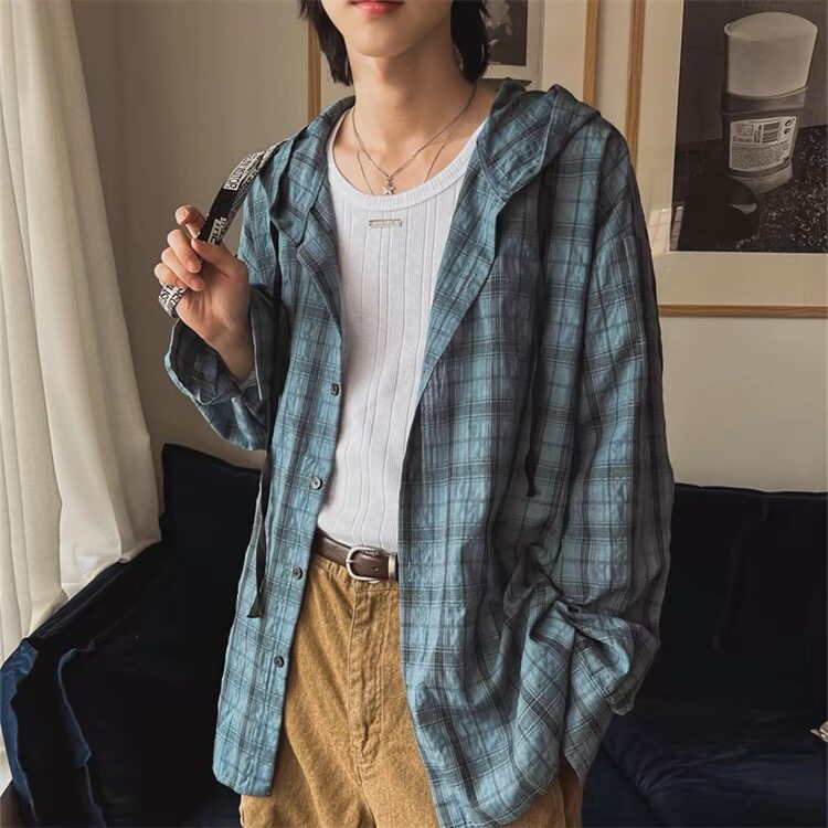 CS61-特P37无差价夏季轻薄微微皱连帽防晒宽松衬衫,男装防晒衣,电商B327