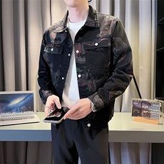2025春季新款水洗男士牛仔夹克痞帅小伙个性提花印花图案外套，男装夹克，电商A225