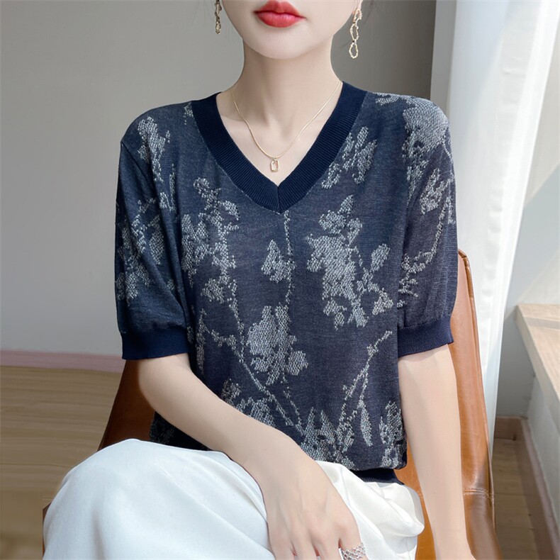 夏季新款天丝V领花藤短袖女宽松百搭显瘦时尚休闲上衣,针织衫/毛衣,暖娇绒