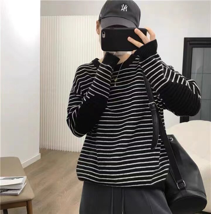 条纹时尚气质百搭长袖圆领2024年秋季针织衫，女装羊毛衫，百纯羊绒