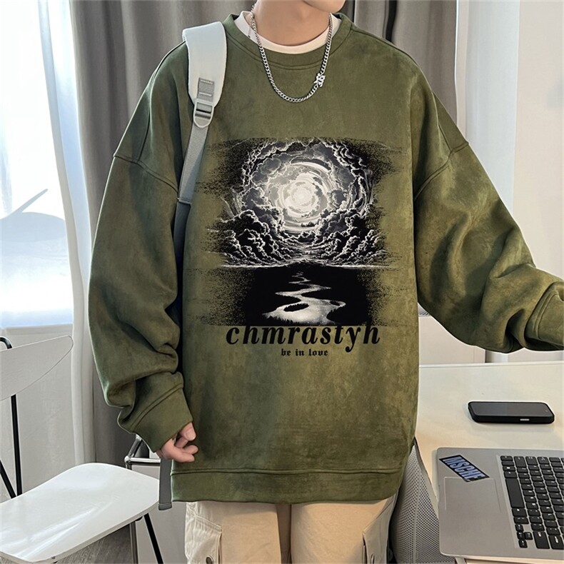 电商DSA028-LPWY2353100聚酯P30新款麂皮绒印花圆领卫衣男限48,男装卫衣,电商A028