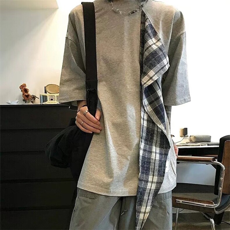 拼接格子布装饰高品质260克双纱纯棉美式高街短袖T恤特P35，男装T恤，电商A486