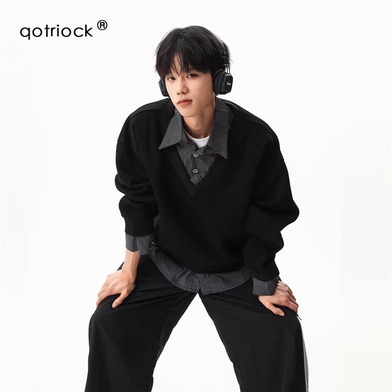 1506/QA470/P56春秋美式潮牌假两件衬衫领卫衣图片