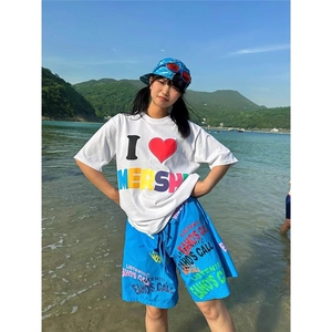 自制美式字母印花阔腿五分裤男女夏季宽松休闲多巴胺沙滩短裤图片