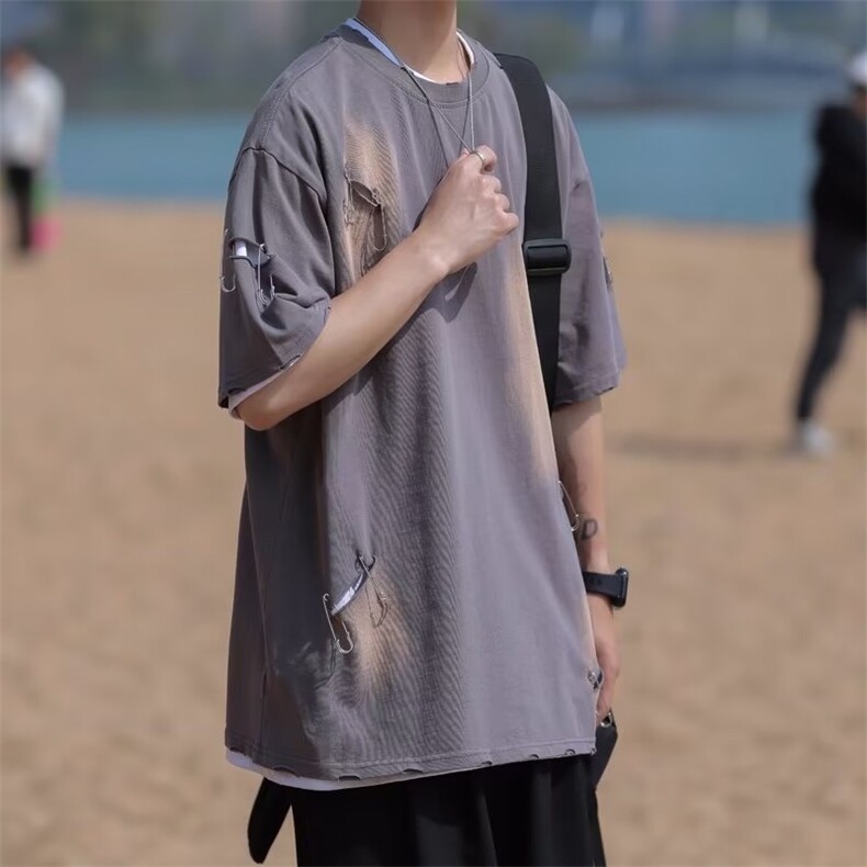 t恤男夏季别针破洞短袖美式高街半袖潮牌圆领半袖上衣T001-P40,男装T恤,星座308B-2