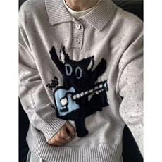 美式复古猫咪提花polo领毛衣男女秋冬季宽松休闲软糯慵懒针织衫潮，男装针织衫/毛衣，星座601-1