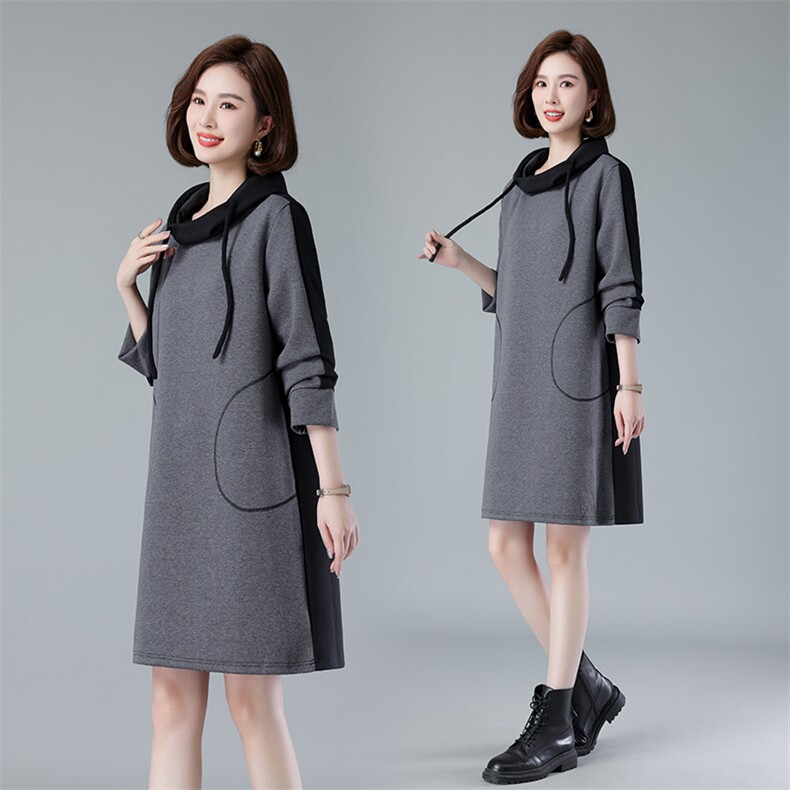 现货2023秋季宽松大码撞色连帽长袖中长款连衣裙，女装连衣裙，深水步