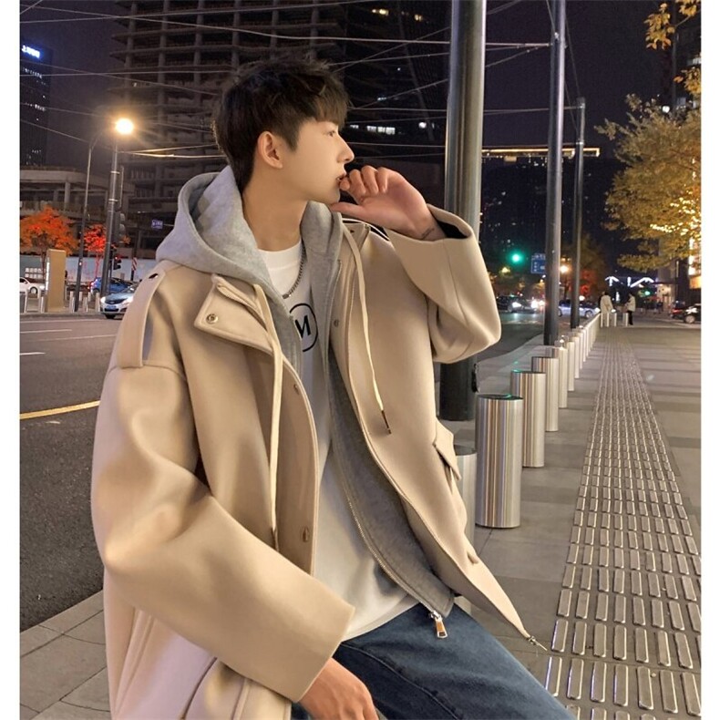 秋冬毛呢外套男短款假两件连帽大衣潮流学生风衣812-F612-P128，男装风衣，星座812