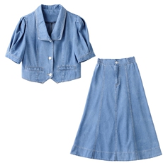现货2024夏季时尚潮流舒适套装/套裙短袖中长款优雅牛仔两件套，女装套装/套裙，三木叶子