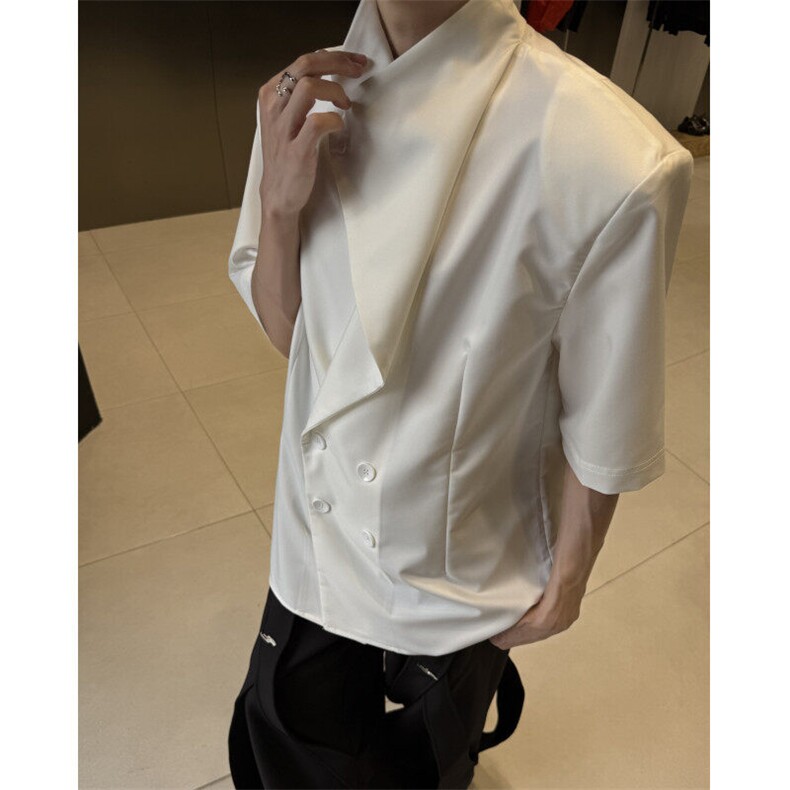 现货！25设计感垂领双排扣西服款短袖垫肩衬衫cs163-p78，男装西服，电商B288