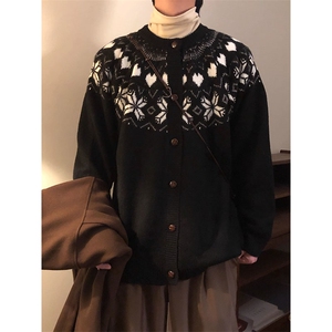 重磅秋冬装北极绒开衫毛衣美式复古休闲圣诞慵懒风提花针织衫外套图片
