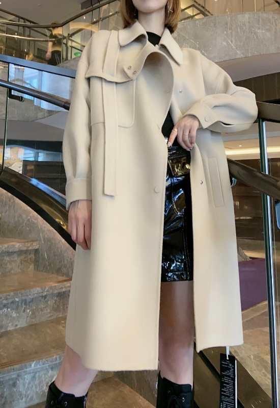 2022新款韩范儿洋气飘带气质长款羊毛双面呢大衣,女装其它,L·H·X