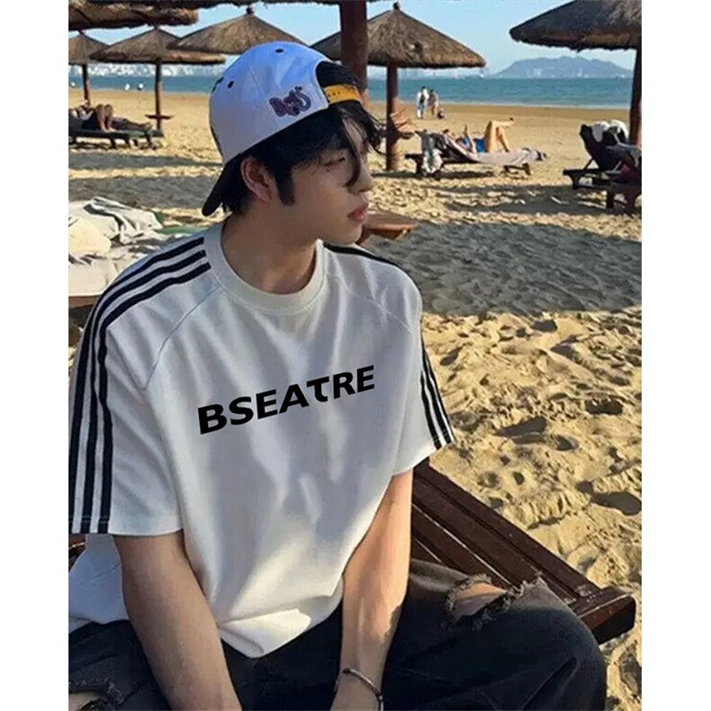 抖音得物高品质二开240克宽松纯棉美式潮牌三条杠织带短袖T恤，男装T恤，电商A486-1