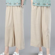 2023夏季新款简约时尚松紧腰休闲棉麻九分阔腿裤，女装休闲裤，独衣靓