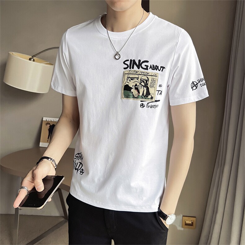 2025新款男士短袖T恤夏季潮牌贴布卡通印花半袖A313-6616-P45,男装T恤,电商A313