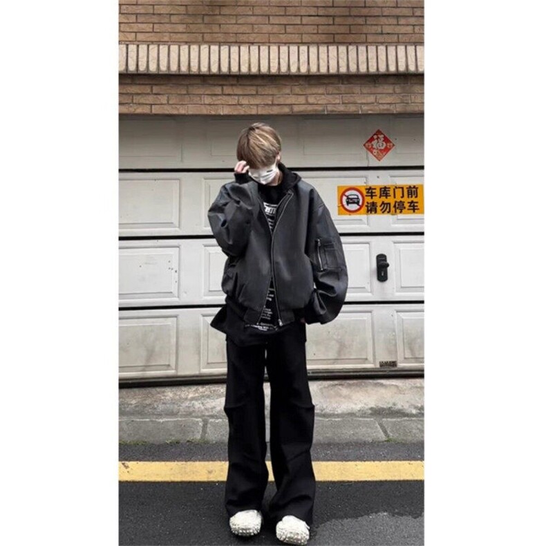 春季新款港风美式潮流原版做旧假两件连帽皮衣夹克insJK1425-P85,男装夹克,星座313A(原308A-2)
