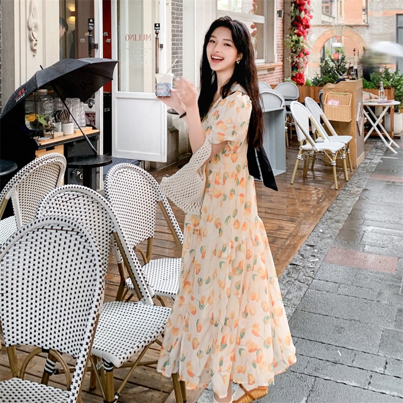 法式V领碎花连衣裙女夏气质女神范小清新泡泡袖显瘦桔梗茶歇长裙,女装连衣裙,欣美人