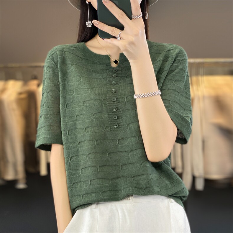 23夏季薄款竹节麻V领针织短袖女百搭纯色套头T恤宽松显瘦半袖上衣,针织衫/毛衣,大美人包芯纱店