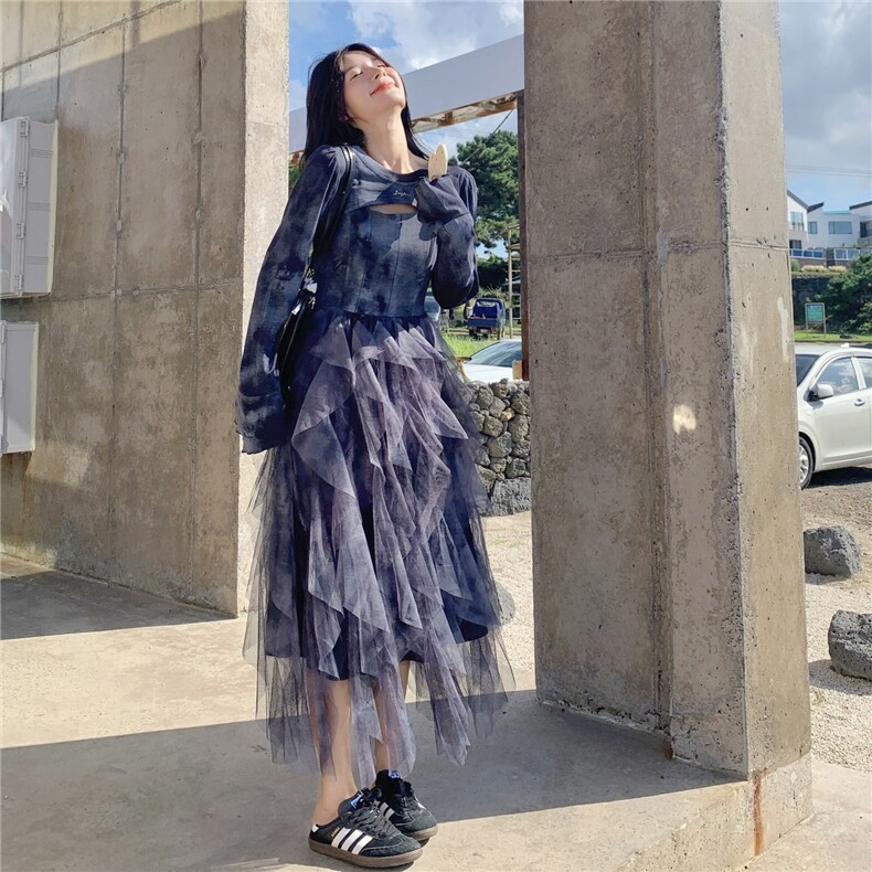 小清新不规则网纱吊带连衣裙套装女春秋2025新款独特超好看长裙子,女装套装/套裙,2C012