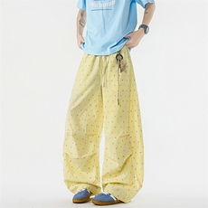 8XL-M波点黄色裤休闲裤美式潮牌褶皱阔腿裤垂感直筒裤男K9159P58，男装休闲裤，电商D206-1