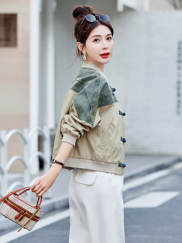 国风盘扣短外套女2025秋装新款牛仔拼接新中式棒球服夹克休闲上衣,女装短外套,梦懿尔