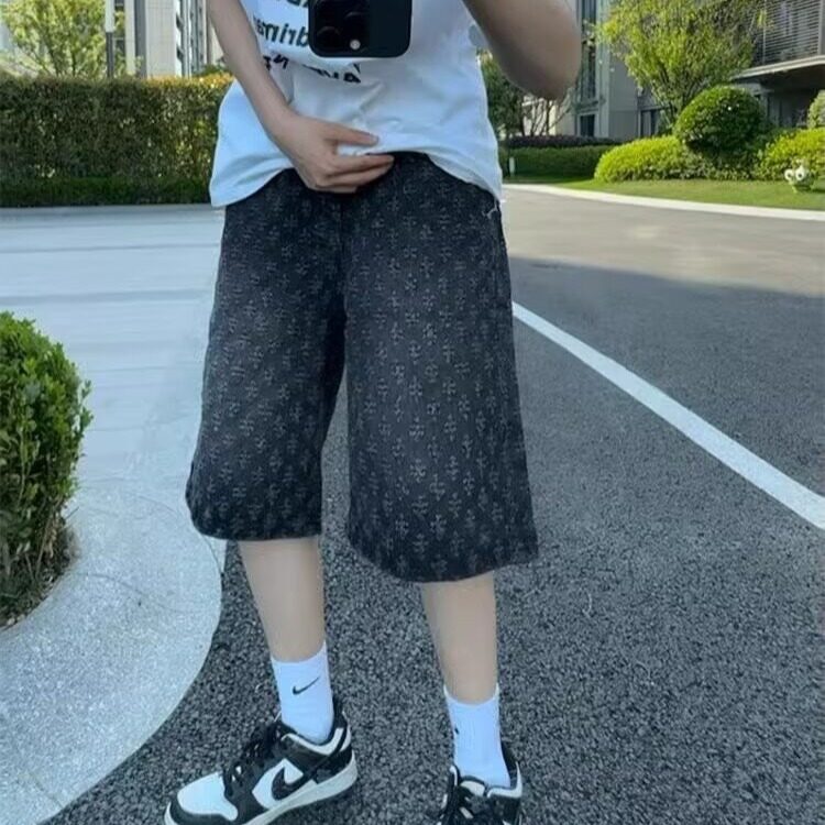 牛仔短裤男痞帅炸街满印提花直筒阔腿五分裤子网图DK623-p40有货,男装牛仔裤,星座302B