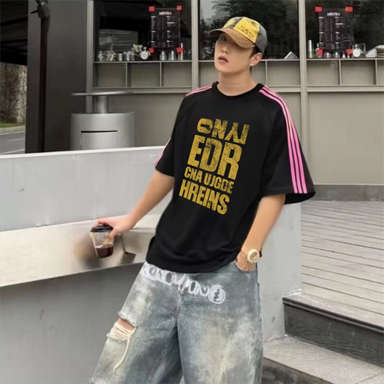 抖音得物品质二开240克宽松纯棉美式潮牌印花三条杠中性风短袖T恤,男装T恤,电商A486-1